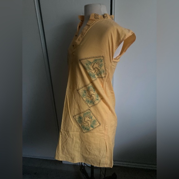 Artisan hand painted primitive vintage slip sun midi dress in warm yellow - Picture 4 of 8